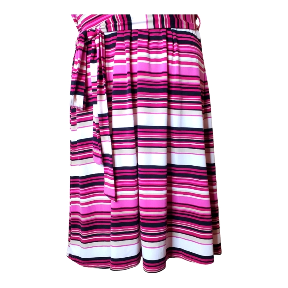 Liz Claiborne Striped Wrap Dress Large L Polyester Spandex Tie Waist Work - Picture 4 of 9